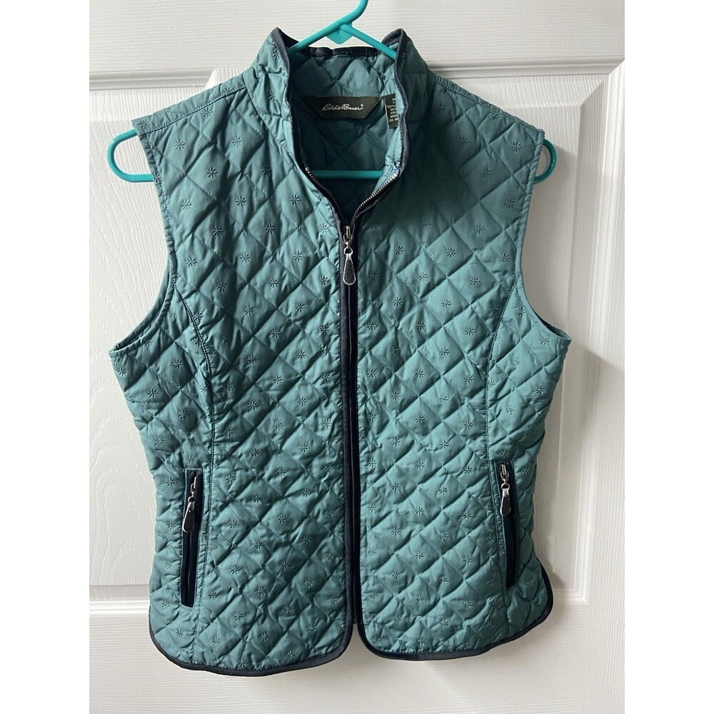 Eddie Bauer Quilted Vest Womens Small Green Black Snowflake Sleeveless Goosedown